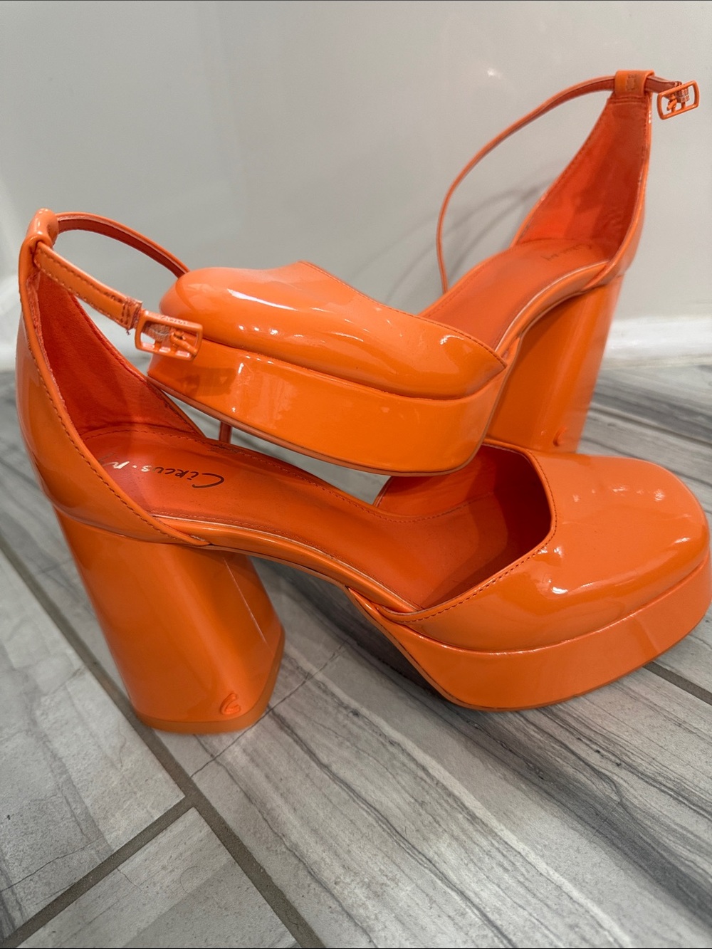 Patent Orange Platform Heels with Ankle Strap